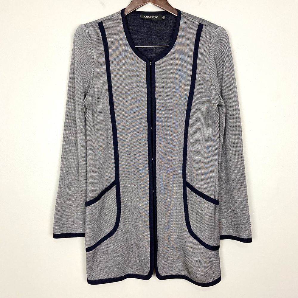 Misook Long-Line Knit Blazer Women’s Size M Pockets Luxury Sophisticated Navy
